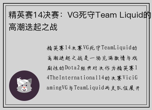精英赛14决赛：VG死守Team Liquid的高潮迭起之战